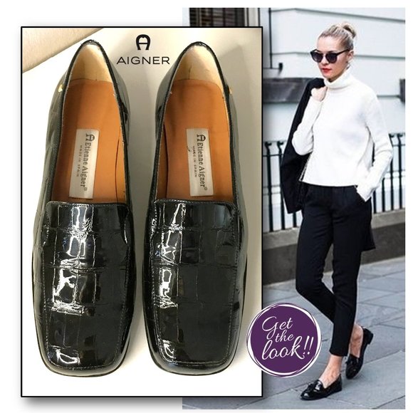 Etienne Aigner Shoes - ETIENNE AIGNER "Baron" Black Croc Embossed Gold Hardware Patent Loafers  8W